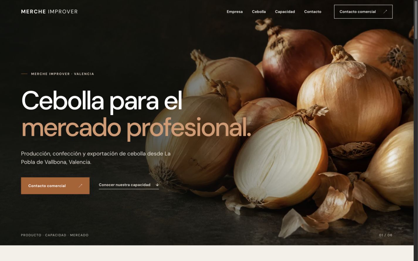 Captura de la demo de Merche Improver: portada centrada en cebolla para el mercado profesional