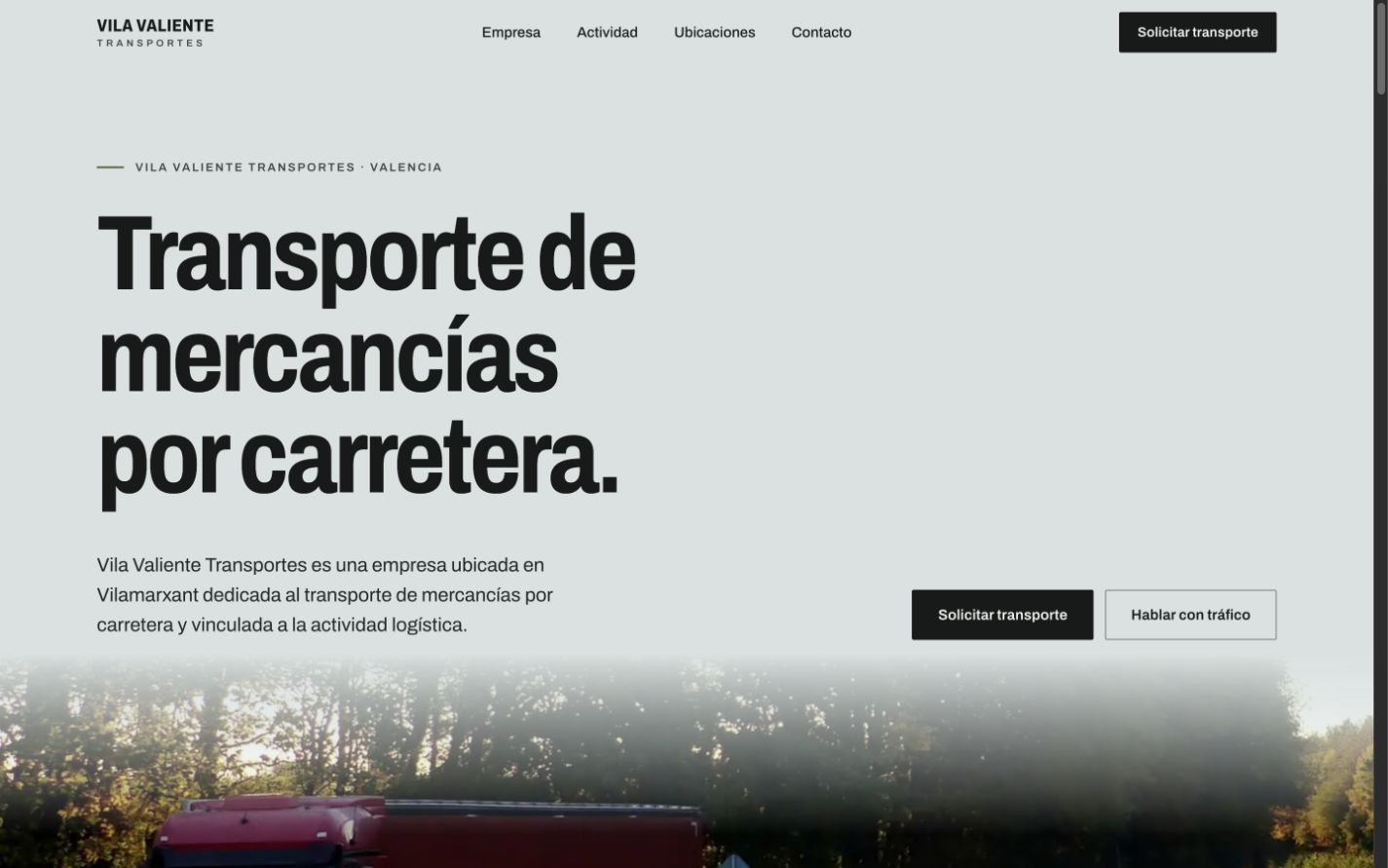 Captura de la demo de Vila Valiente Transportes: portada dedicada al transporte de mercancías por carretera